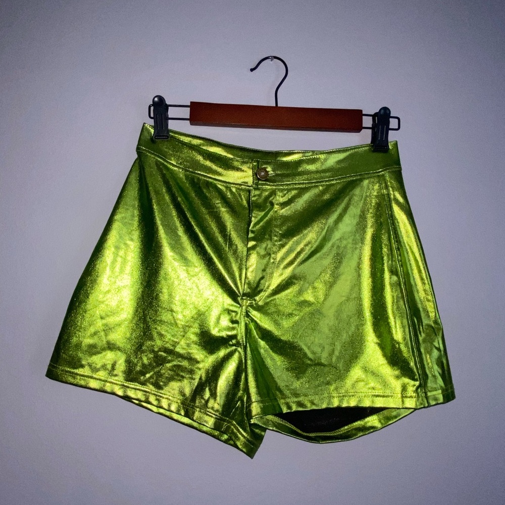 Women's Green Metallic Rave Club Festival Booty Shorts Hot Pants Medium